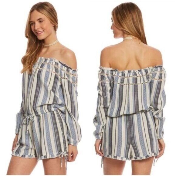 ROXY Anthem 100% Cotton Off-Shoulder Romper Blue Stripe Pattern Sz M - Picture 1 of 13